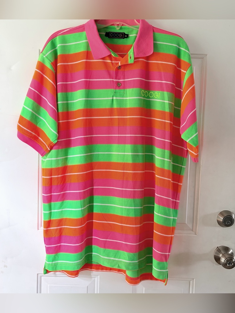COOGI Neon Striped Polo Shirt Mens XXL Pink Green Orange Embroidered Logo Retro